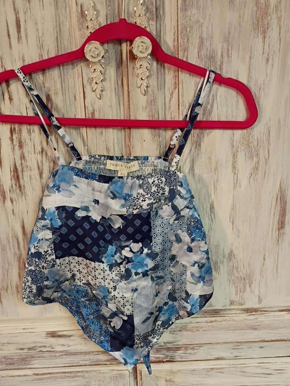 Blue Floral Patchwork Tie-Front Cami Top